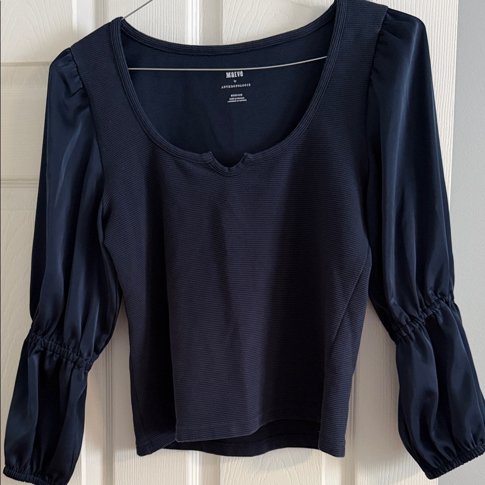 Maeve by Anthropologie Navy Knit Blouse with Peasant Puff Sleeves - size Medium